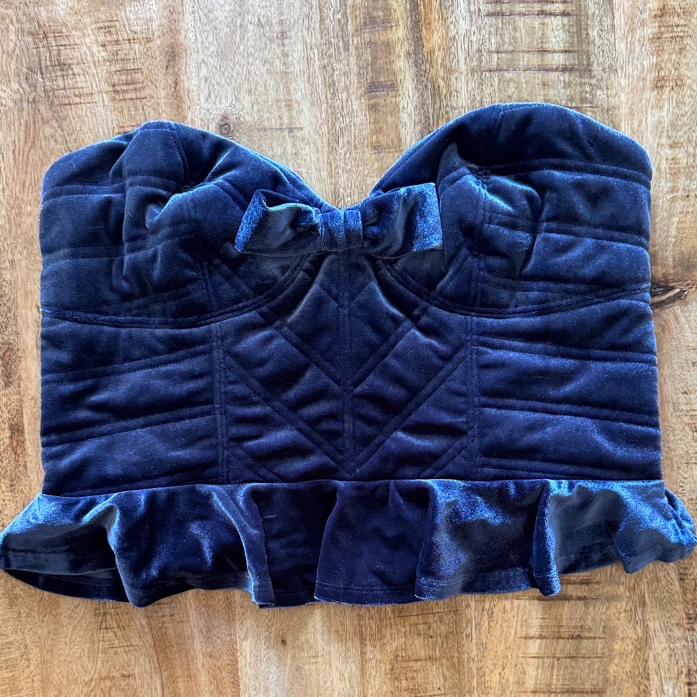 VENUS Navy velvet Strapless Peplum Bustier corset zipper back NWT Medium